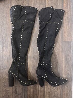 Black Studded Over-the-Knee Heeled Boots